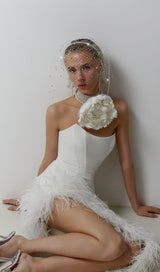 STRAPLESS FEATHER MIDI DRESS IN WHITE styleofcb 