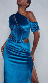 VELVET SLANT SHOULDER HIGH WAIST SPLIT MAXI DRESS IN TREASURE BLUE styleofcb 