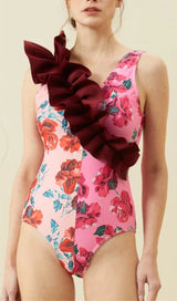 RUFFLED FLORAL PRINT SPLICING ONE PIECE SWIMSUIT styleofcb 
