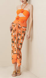 HALTER CUTOUT 3D FLOWER DECOR ONE PIECE SWIMSUIT AND SARONG styleofcb 