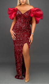 EXAGGERATED SLEEVES SLIM SEQUIN MAXI DRESS IN RED styleofcb 