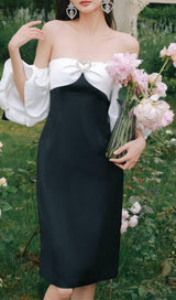 OFF SHOULDER BLACK AND WHITE PATCHWORK MINI DRESS styleofcb 