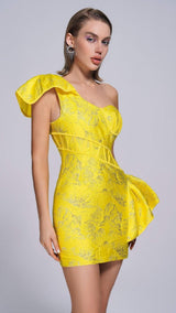 JACQUARD ONE SHOULDER MINI DRESS IN YELLOW Dresses styleofcb 