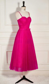 PLEATS SPAGHETTI STRAPS MIDI DRESS IN HOT PINK DRESS STYLE OF CB 