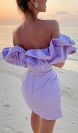 SATIN A-LINE NECKLINE POD RUFFLE MINI DRESS IN PURPLE styleofcb 