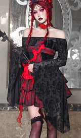 GOTHIC BLACK SLASH NECK LONG FLARE SLEEVE BLOUSE sis label 