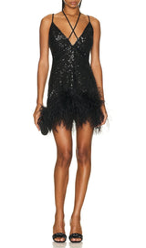 FEATHER V NECK MINI DRESS IN BLACK DRESS STYLE OF CB 