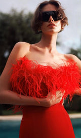 STRETCH STRAPLESS FEATHER TRIMMED GOWN IN RED styleofcb 