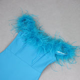 FEATHER TRIM OFF THE SHOULDER HIGH LOW DRESS IN BLUE DRESS sis label 