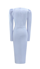 LIGHT BLUE SQUARE-NECK PUFF SLEEVE SIDE HIGH SLIT DRESS styleofcb 