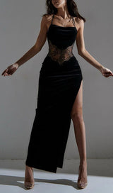 BLACK VELVET PATCHWORK LACE HALTER MAXI DRESS styleofcb 