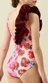 RUFFLED FLORAL PRINT SPLICING ONE PIECE SWIMSUIT styleofcb 