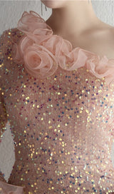 ONE-SHOULDER PUFF SLEEVE SEQUIN STITCHED MAXI DRESS Dresses styleofcb 