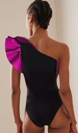 ONE SHOULDER RUFFLE COLOR BLOCK ONE PIECE SWIMSUIT AND SARONG styleofcb 