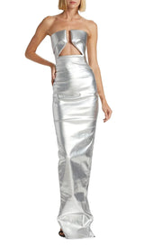 FAUX LEATHER STRAPLESS MAXI DRESS IN SILVER dresses styleofcb 