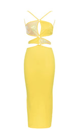 CRISSCROSS HALTERNECK CUTOUT MIDI DRESS IN YELLOW styleofcb 