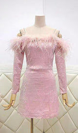 OFF SHOULDER FEATHER MINI DRESS IN PINK styleofcb 