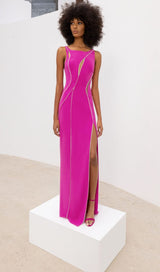 CRYSTAL WAVY CUTOUT THIGH-SLIT CADY GOWN styleofcb 