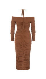 BROWN OFF-THE-SHOULDER PLEATED LONG-SLEEVED MIDI DRESS styleofcb 