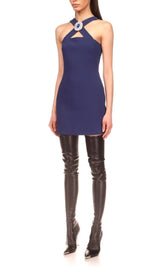 CRYSTAL-BROOCH CREPE MINI DRESS IN NAVY BLUE DRESS styleofcb 