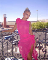 PERSPECTIVE RUFFLE MIDI DRESS IN PINK DRESS styleofcb 