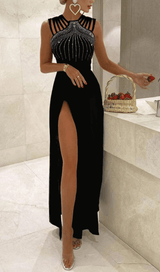 POLYESTER IRON-ON HALTER SLEEVELESS ONE STEP DRESS IN BLACK styleofcb 