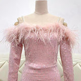 OFF SHOULDER FEATHER MINI DRESS IN PINK styleofcb 