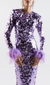 SEQUIN PATCHWORK PLUSH CUFF DRESS IN PURPLE styleofcb 