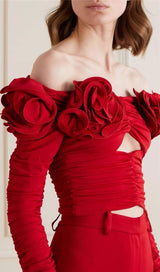 FLOWER ONE -LINE SHOULDER PLEATED BACKLESS TOP IN RED styleofcb 