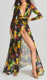 LONG SLEEVE CHIFFON MAXI DRESS IN MULTICOLOR DRESS STYLE OF CB 