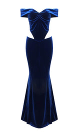 OFF SHOULDER WAIST HOLLOW VELVET MAXI DRESS IN BLUE styleofcb 