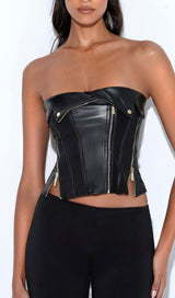 MERLINA BLACK VEGAN LEATHER BUSTIER TOP Tops styleofcb 