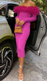 FEATHER OFF THE SHOULDER MIDI DRESS Dresses styleofcb 