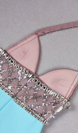 RHINESTONE PLUNGE MIDI DRESS IN TURQUOISE DRESS STYLE OF CB 