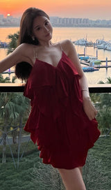 V NECK SLEEVELESS MINI DRESS IN RED DRESSES styleofcb 