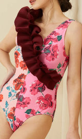 RUFFLED FLORAL PRINT SPLICING ONE PIECE SWIMSUIT styleofcb 
