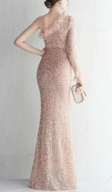 ONE-SHOULDER PUFF SLEEVE SEQUIN STITCHED MAXI DRESS Dresses styleofcb 
