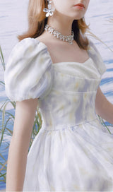 PUFF FLORAL-PRINT MINI DRESS IN GRAYISH-BLUE DRESS STYLE OF CB 