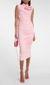 RUCHED APPLIQUÉD MIDI DRESS IN LIGHT PEACH DRESS styleofcb 