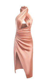 SATIN CROSSOVER NECK OPEN-BACK SLIT BUTTOCK MIDI DRESS styleofcb 