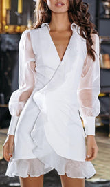 SOLID MESH LONG SLEEVE RUFFLE MINI DRESS styleofcb 