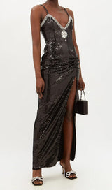 SEQUIN CRYSTAL V NECK MAXI DRESS IN BLACK styleofcb 
