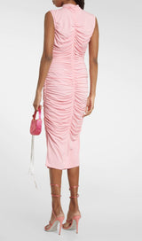 RUCHED APPLIQUÉD MIDI DRESS IN LIGHT PEACH DRESS styleofcb 