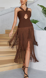 BROWN SLEEVELESS CHEST HOLLOW FRINGE HEM SKINNY MAXI DRESS styleofcb 