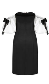 OFF SHOULDER BLACK AND WHITE PATCHWORK MINI DRESS styleofcb 