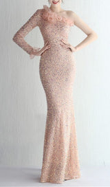 ONE-SHOULDER PUFF SLEEVE SEQUIN STITCHED MAXI DRESS Dresses styleofcb 