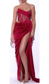 CORSET SATIN PLEATED MAXI DRESS IN RED DRESS STYLE OF CB 