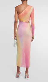 MESH RHINESTONE ONE SHOULDER MIDI DRESS IN COTTON CANDY DRESS STYLE OF CB 