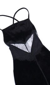 BLACK VELVET PATCHWORK LACE HALTER MAXI DRESS styleofcb 