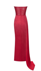 HOLLY RED CRYSTALLIZED CORSET HIGH SLIT SATIN GOWN prom gown styleofcb 